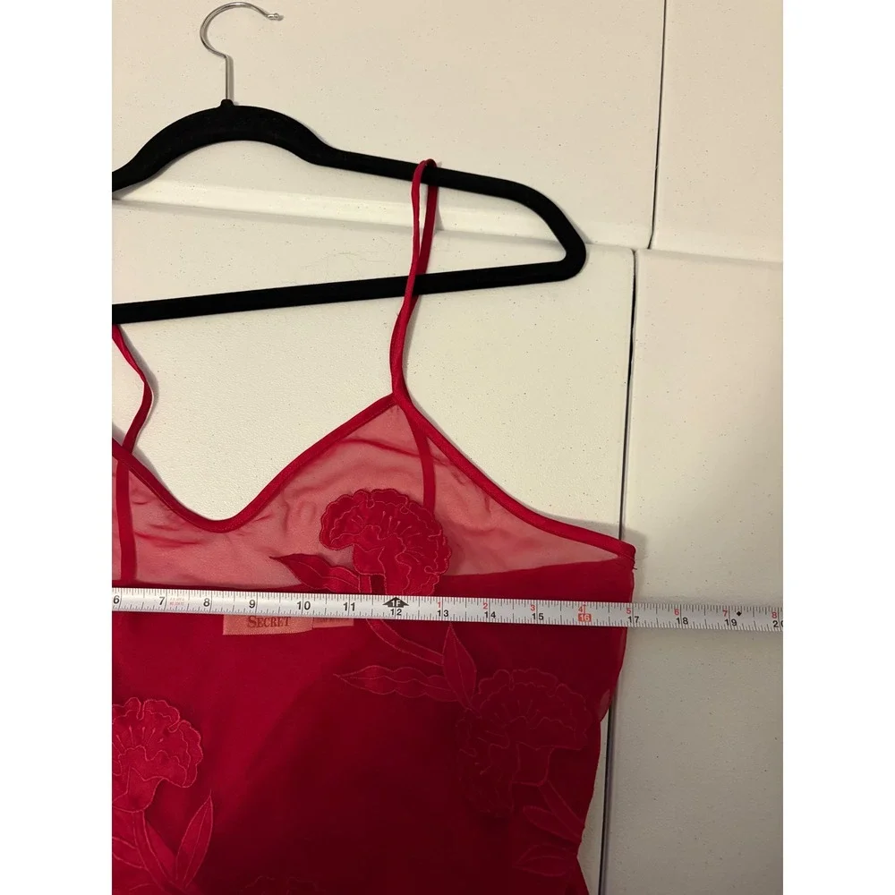 VTG Victoria's Secret Red Satin Mesh Floral Slip Dress Romantic Lace ethereal a5